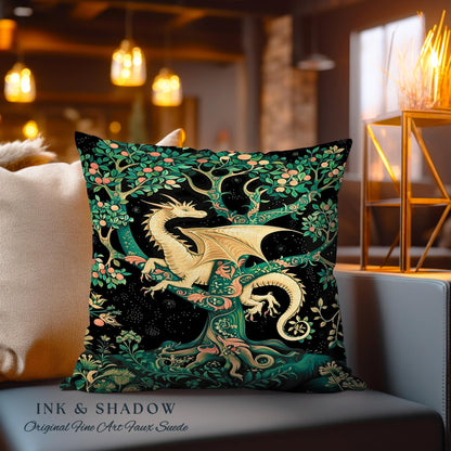 Enchanted Forest Dragon Tapestry Pillow Dark Woodland Gothic Decor | Mystical Cottagecore Aesthetic Vintage Medieval Renaissance Cushion |