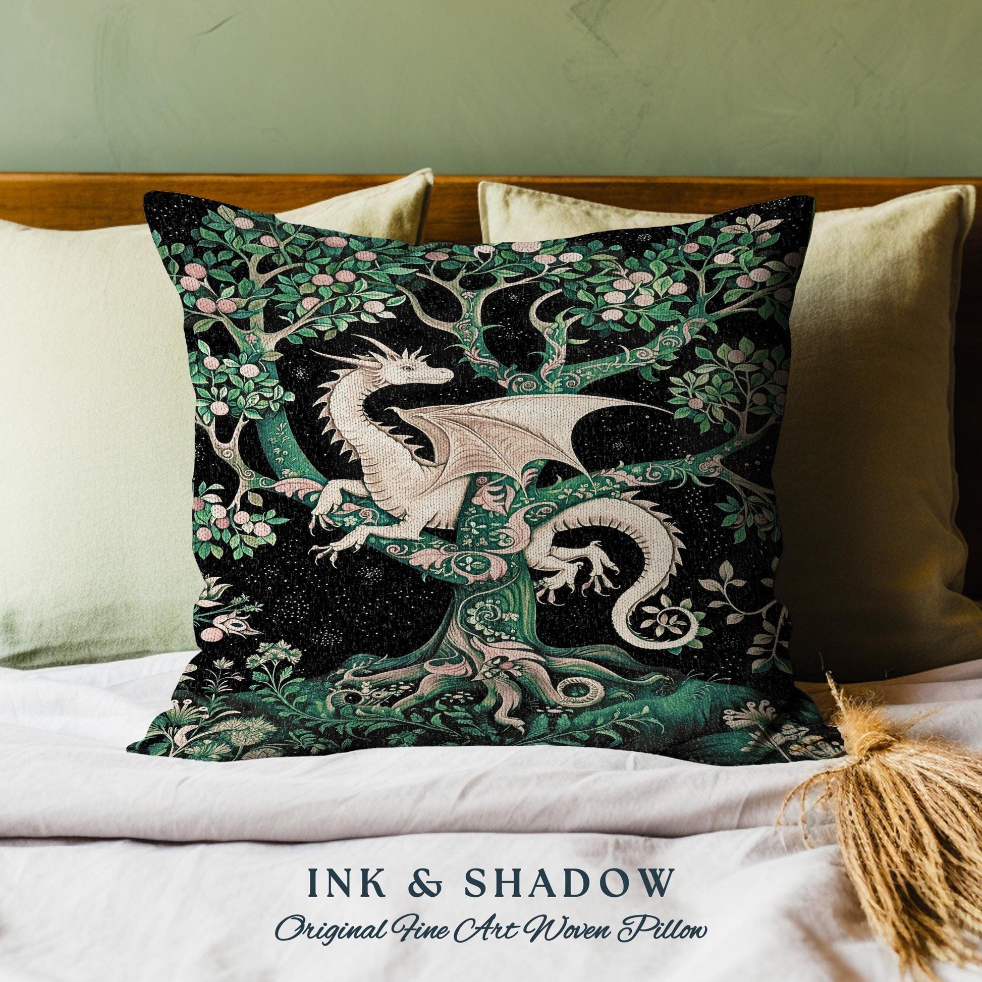 Enchanted Forest Dragon Tapestry Pillow Dark Woodland Gothic Decor | Mystical Cottagecore Aesthetic Vintage Medieval Renaissance Cushion |