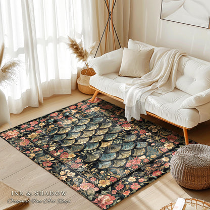 Floral Fantasy Fairytale Whimsical Dragon Scale Accent Rug | Ethereal Botanical Medieval Academia Art Decorative Floor Mat Fairycore Decor