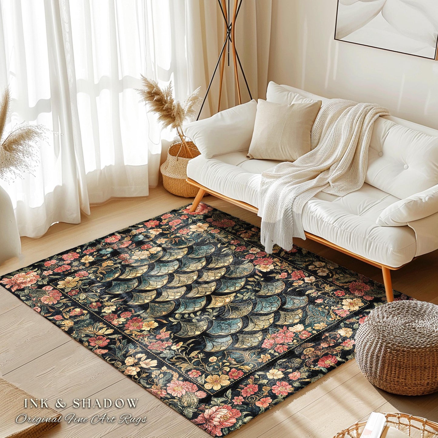 Floral Fantasy Fairytale Cozy Area Rug | Ethereal Flowers Medieval Aesthetic Decorative Fairycore Bedroom Princess Home Accent Rug Dragon |