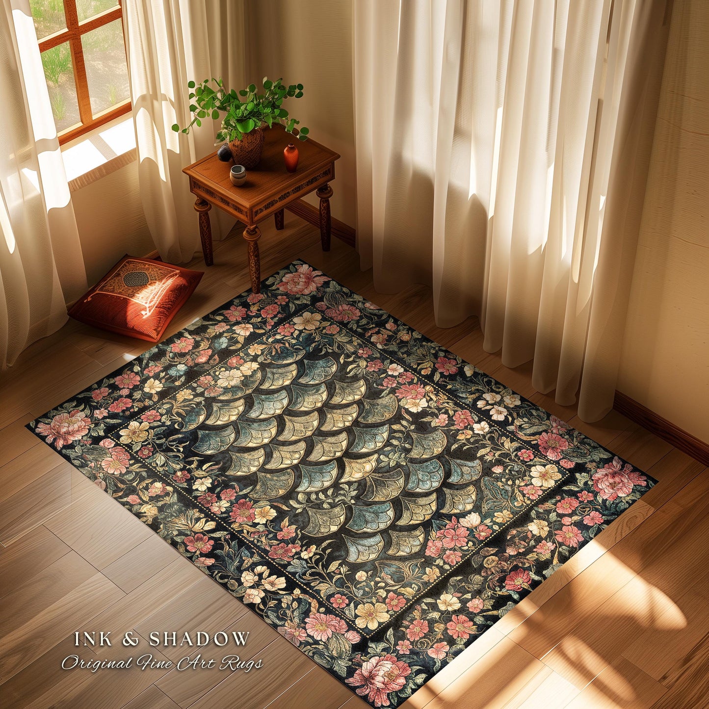 Floral Fantasy Fairytale Cozy Area Rug | Ethereal Flowers Medieval Aesthetic Decorative Fairycore Bedroom Princess Home Accent Rug Dragon |