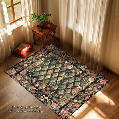 Floral Fantasy Fairytale Whimsical Dragon Scale Accent Rug | Ethereal Botanical Medieval Academia Art Decorative Floor Mat Fairycore Decor