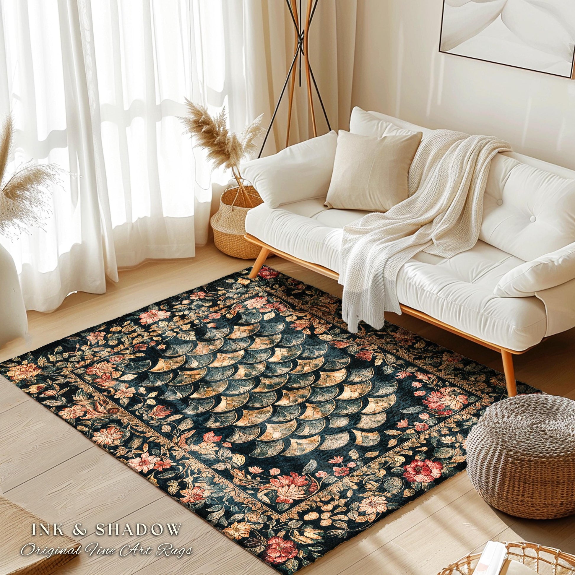 Dark Floral Nordic Inspired Accent Rug | Pink Botanical Fairytale Area Rug Woodland Ethereal Dragon Scales Medieval Aesthetic Fairycore |