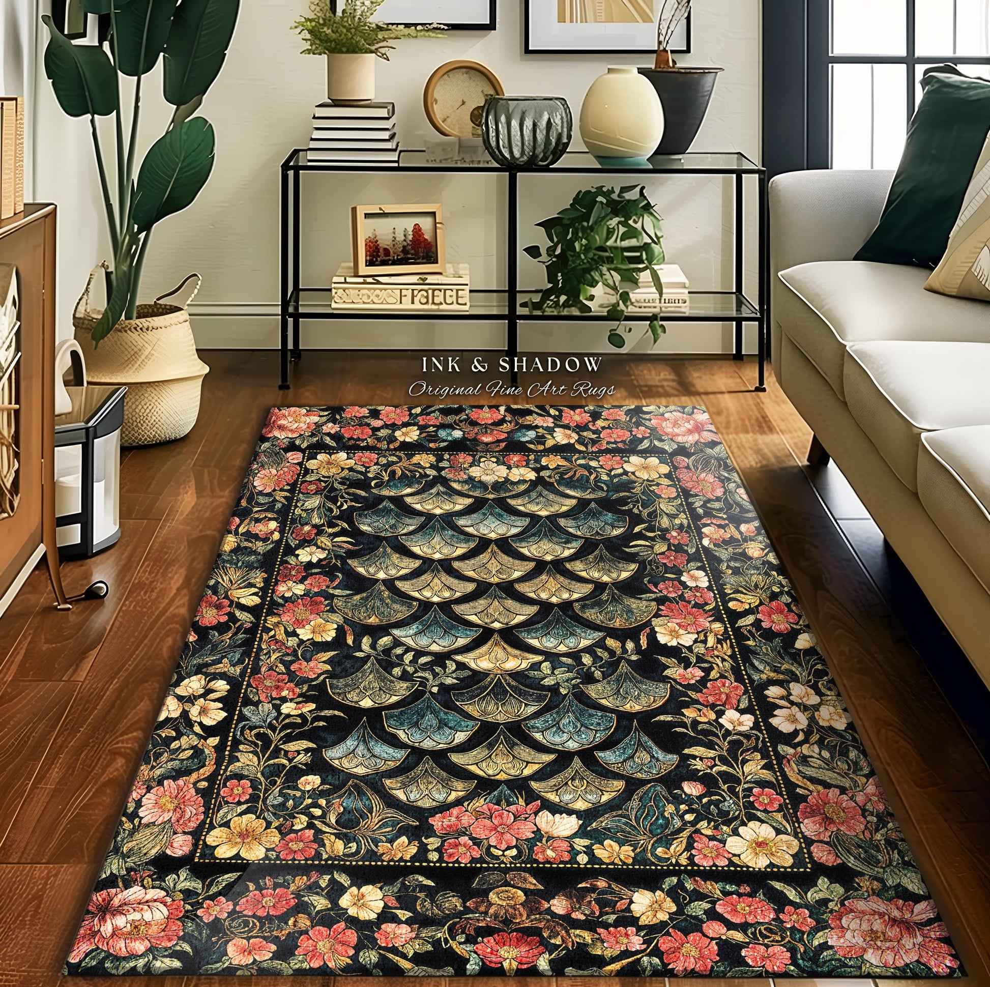 Floral Fantasy Fairytale Whimsical Dragon Scale Accent Rug | Ethereal Botanical Medieval Academia Art Decorative Floor Mat Fairycore Decor