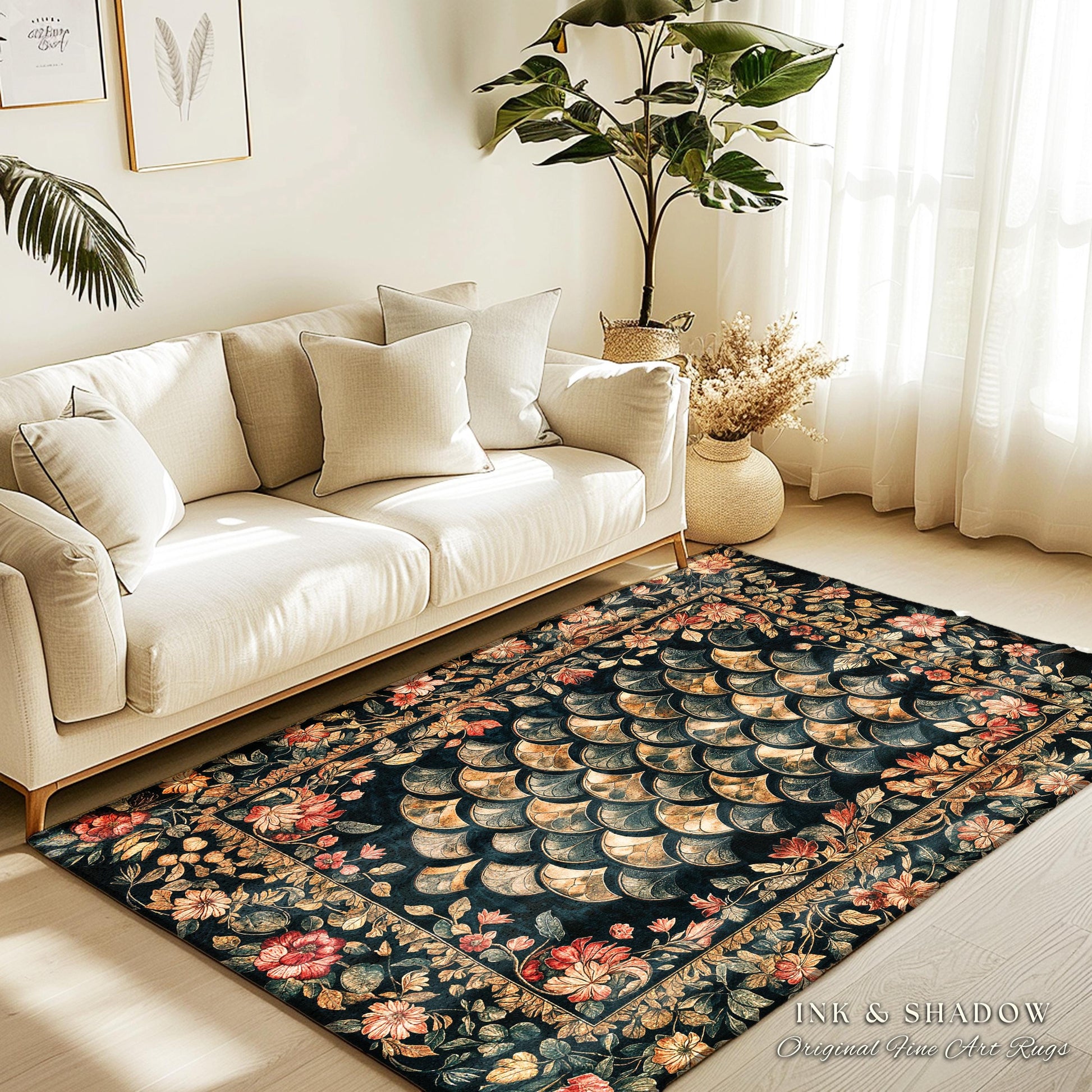 Dark Floral Nordic Inspired Accent Rug | Pink Botanical Fairytale Area Rug Woodland Ethereal Dragon Scales Medieval Aesthetic Fairycore |