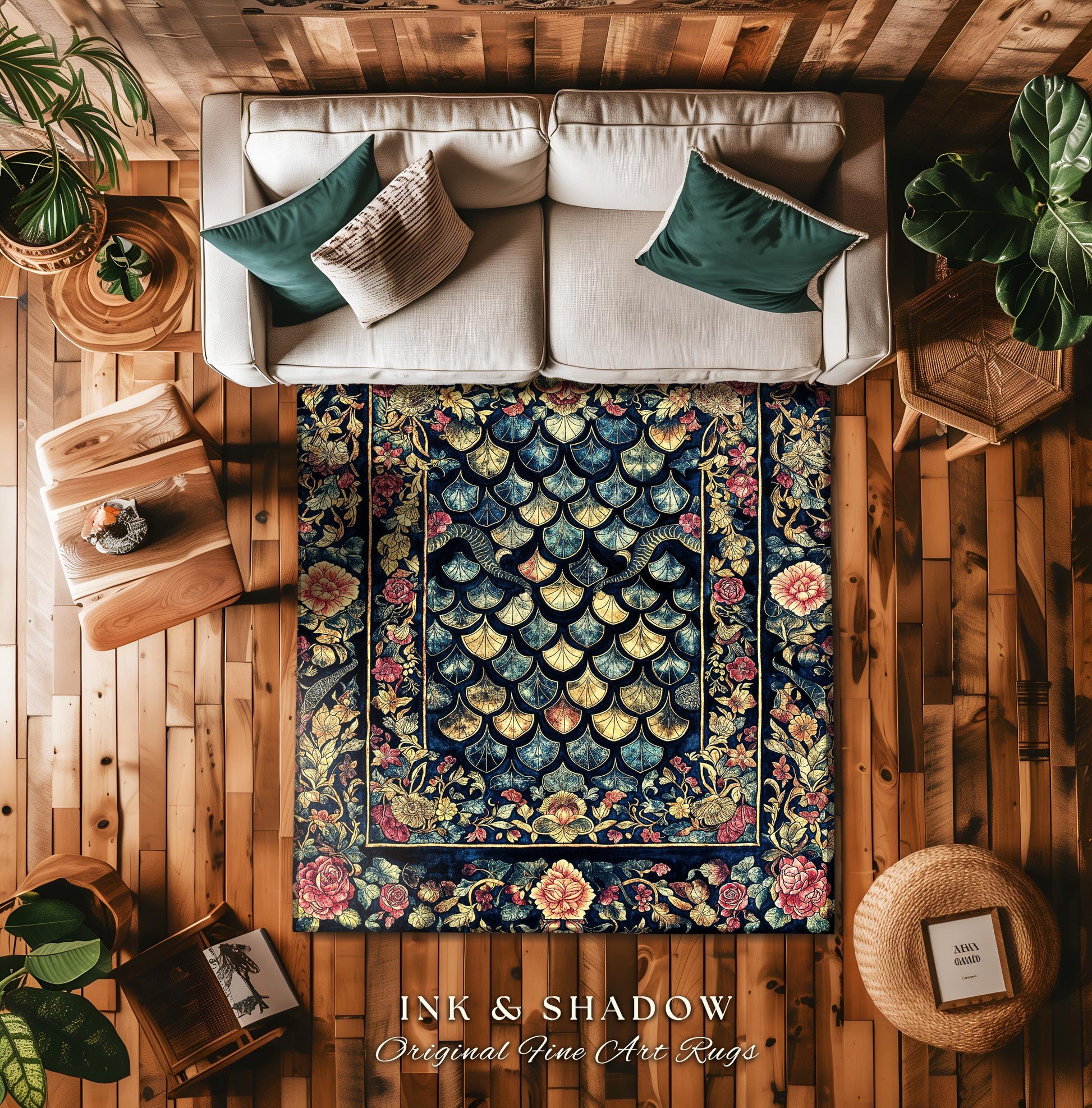 Baroque Elegance Whimsical Dragon Scale Rug | Moody Botanical Fantasy Themed Home Accent Nordic Style Dark Academia Ornate Area Rug Medieval