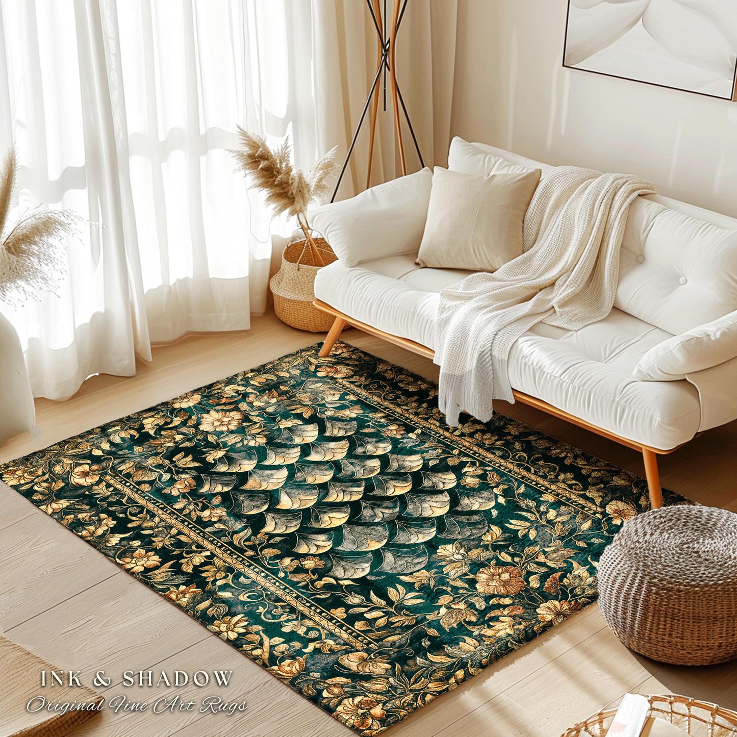 Gothic Dragon Scale Ornate Area Rug | Eclectic Dark Academia Home Accent Rug Whimsical Moody Botanical Golden Aesthetic Fantasy Themed Art