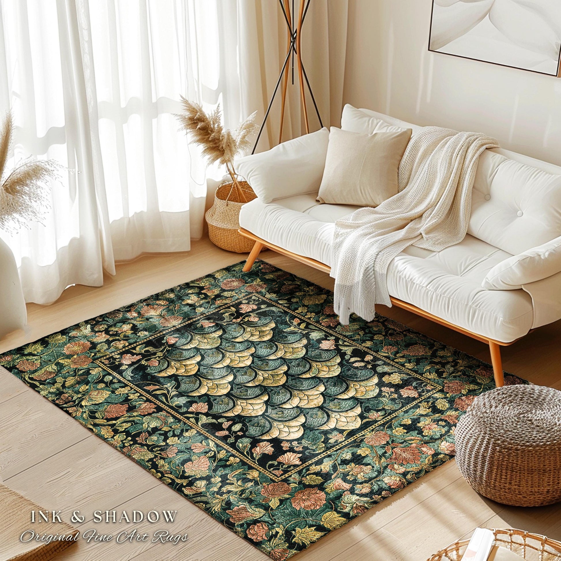 Moody Mysticism Dragon Scale Accent Rug | Dark Cottagecore Magical Medieval Area Rug Ornate Victorian Fantasy Aesthetic Book Nook Home Decor