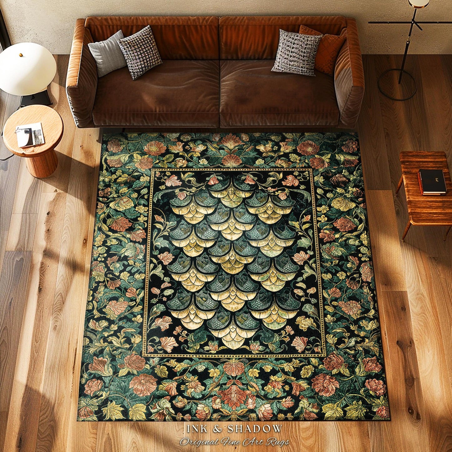 Moody Mysticism Dragon Scale Accent Rug | Dark Cottagecore Magical Medieval Area Rug Ornate Victorian Fantasy Aesthetic Book Nook Home Decor