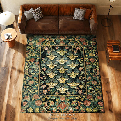 Moody Mysticism Dragon Scale Accent Rug | Dark Cottagecore Magical Medieval Area Rug Ornate Victorian Fantasy Aesthetic Book Nook Home Decor