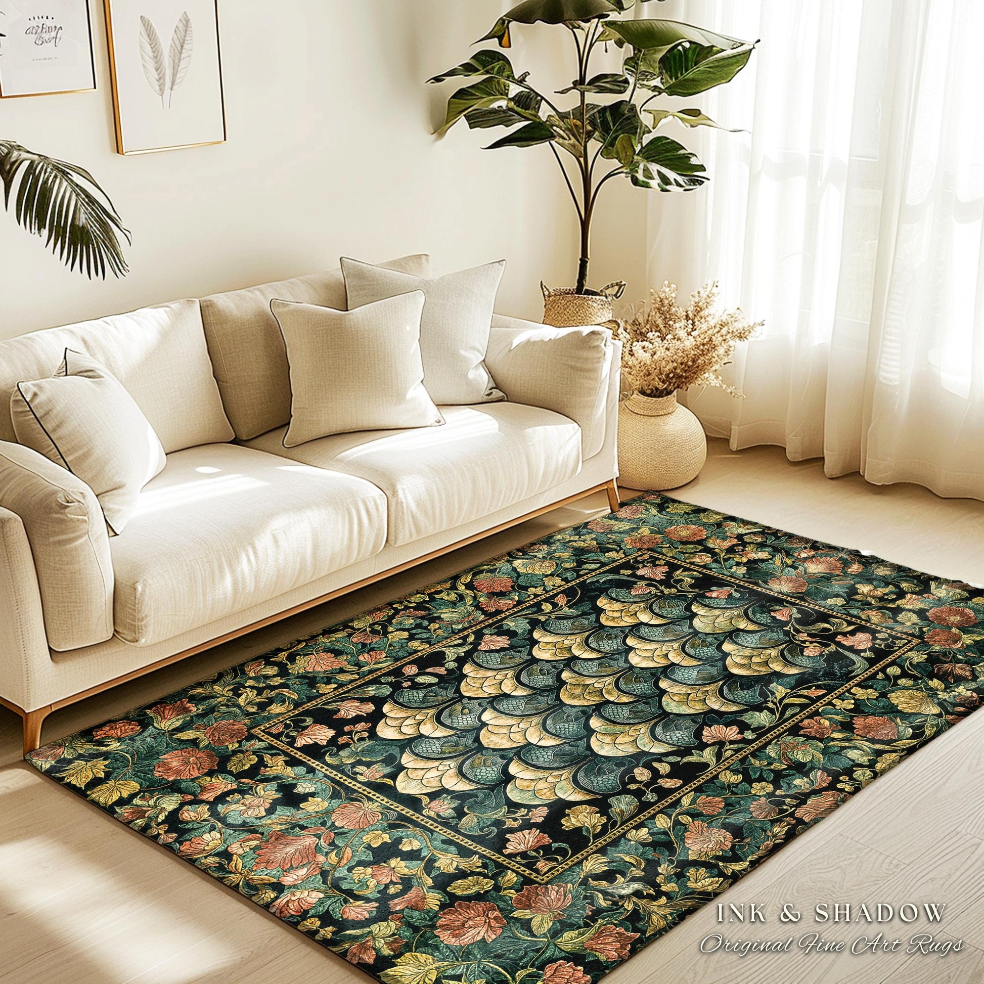 Moody Mysticism Dragon Scale Accent Rug | Dark Cottagecore Magical Medieval Area Rug Ornate Victorian Fantasy Aesthetic Book Nook Home Decor