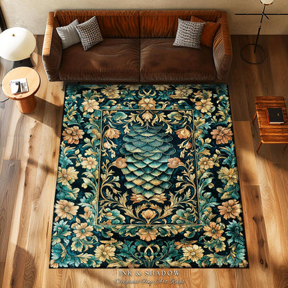 Flower Decorated Dragon Scale Area Rug | Nordic Style Dark Academia Fantasy Rug Medieval Home Accent Ornate Victorian Whimsy Gothic Teal |