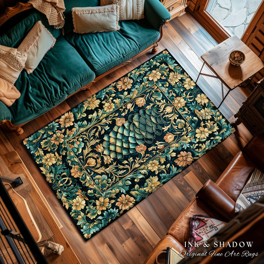 Flower Decorated Dragon Scale Area Rug | Nordic Style Dark Academia Fantasy Rug Medieval Home Accent Ornate Victorian Whimsy Gothic Teal |