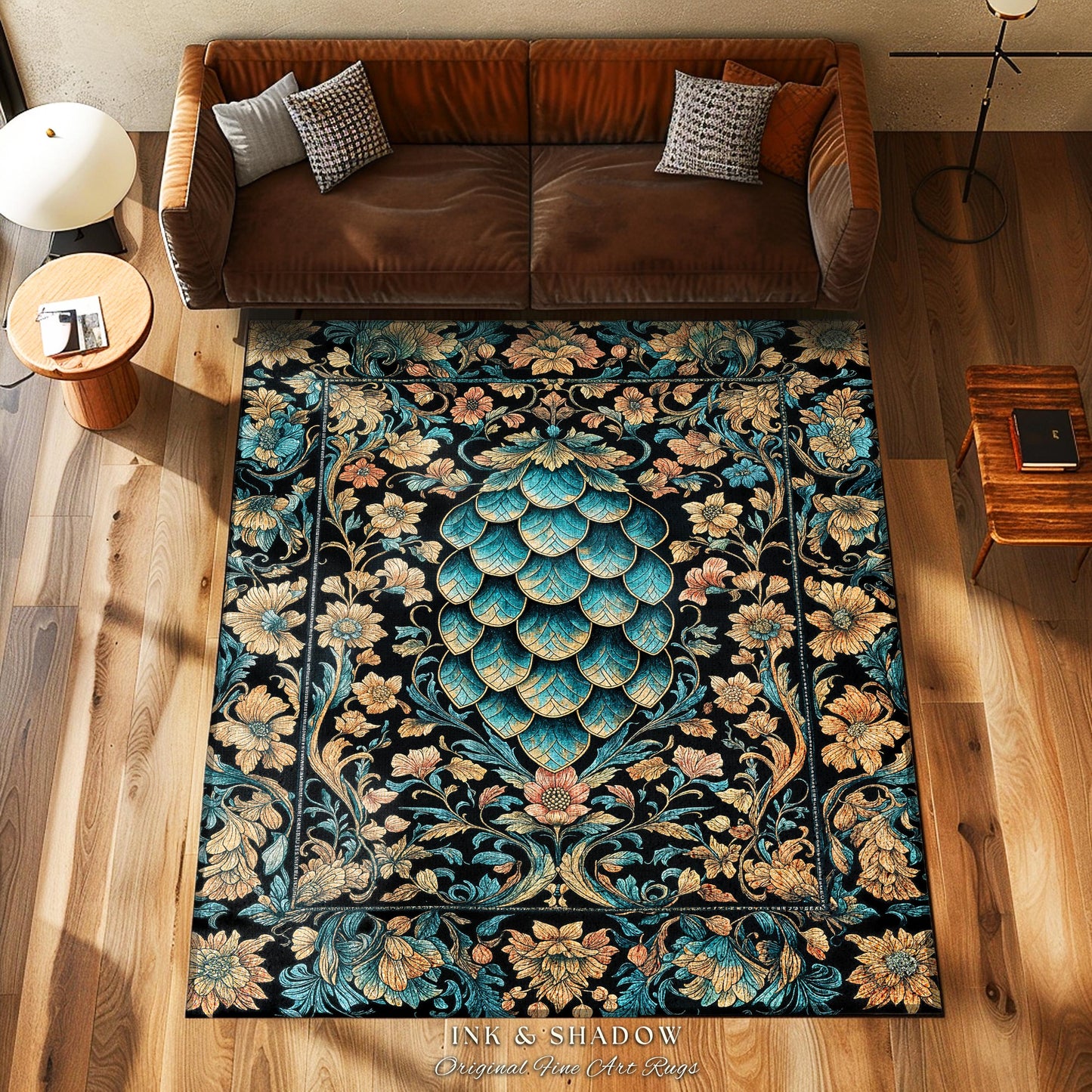 Arcane Elegance Enchanted Area Rug | Dark Academia Whimsical Gothic Fantasy Home Accent Ornate Medieval Botanical Dragon Scale Ethereal |