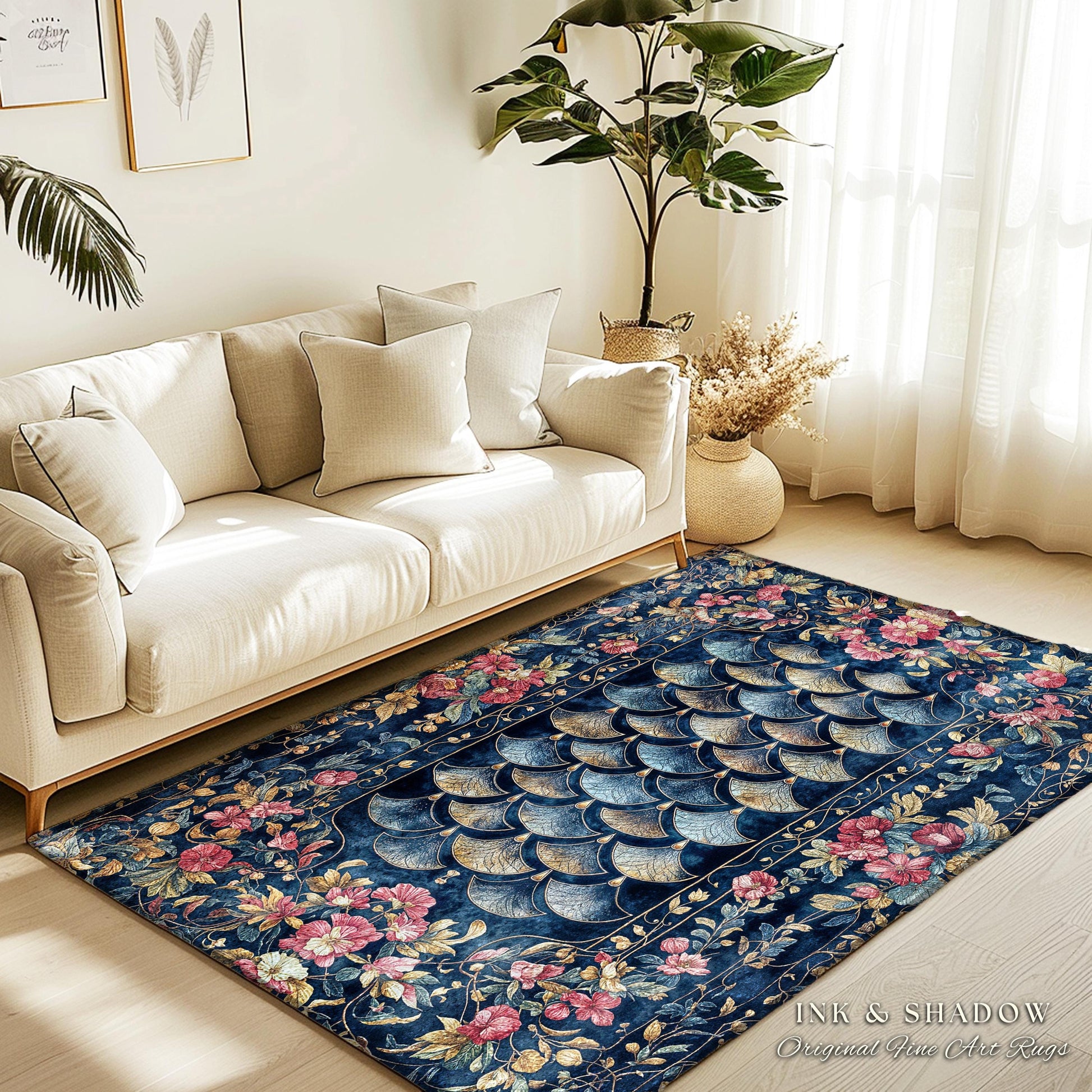 Ethereal Magic Floral Folklore Area Rug | Storybook Fairytale Dragon Scale Rug Medieval Wildflowers Home Accent Decorative Princesscore |