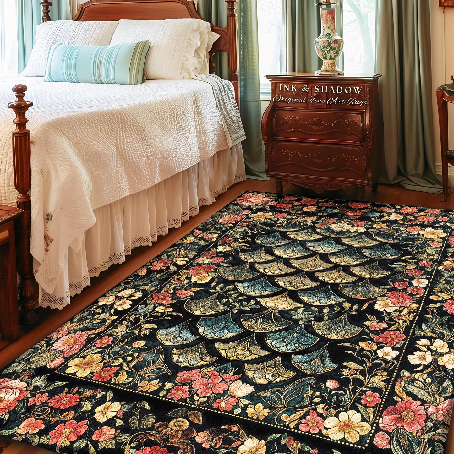 Floral Fantasy Fairytale Whimsical Dragon Scale Accent Rug | Ethereal Botanical Medieval Academia Art Decorative Floor Mat Fairycore Decor