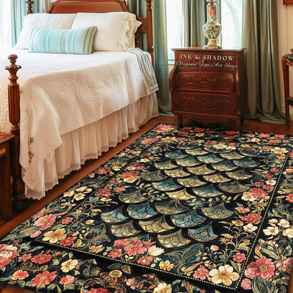 Floral Fantasy Fairytale Whimsical Dragon Scale Accent Rug | Ethereal Botanical Medieval Academia Art Decorative Floor Mat Fairycore Decor