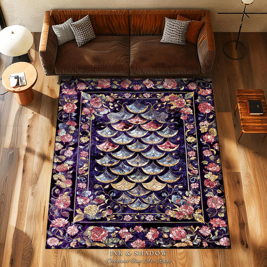 Princesscore Royal Ornate Accent Rug | Whimsical Floral Fairytale Dark Storybook Fairytale Dragon Scale Purple Area Rug Medieval Folklore |