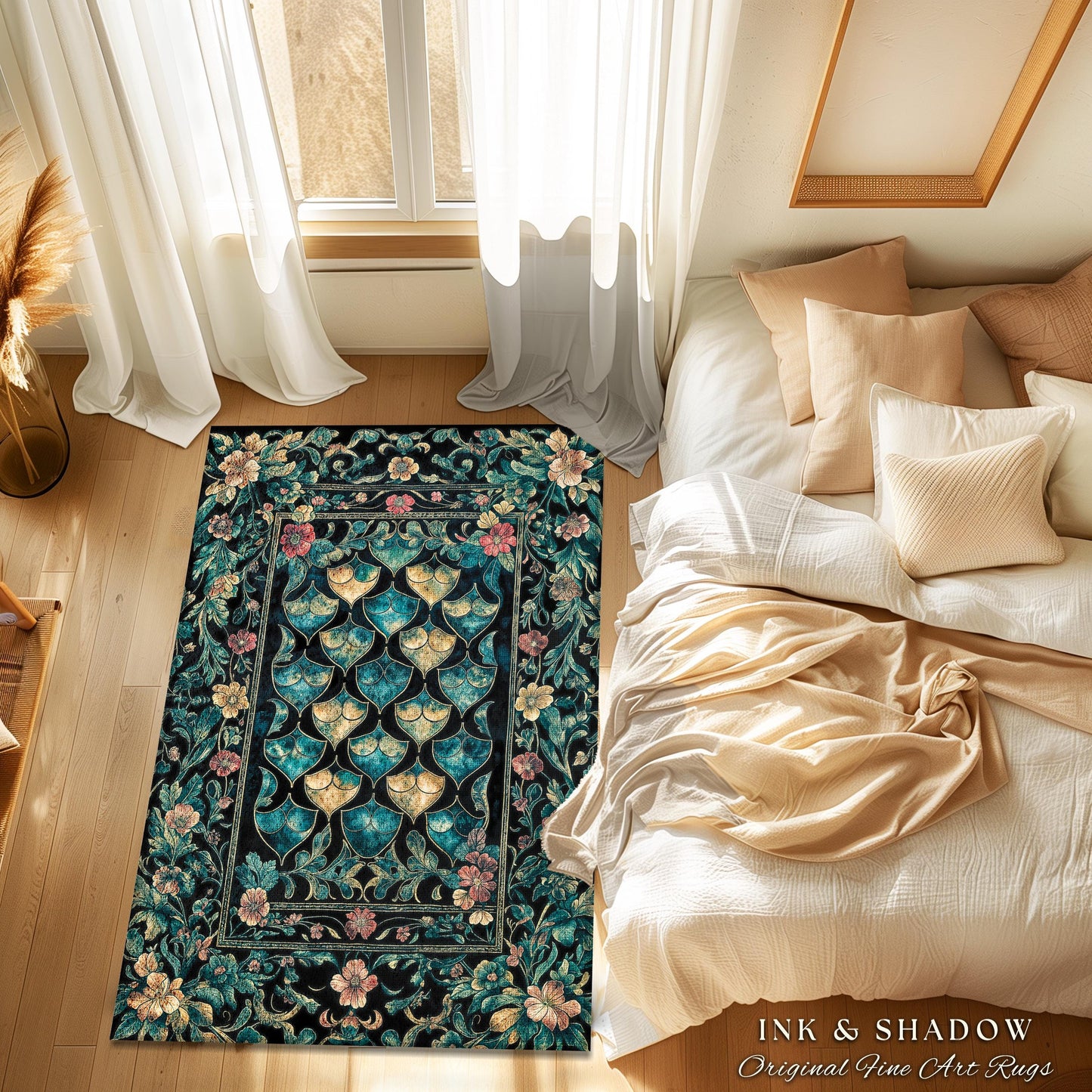Gothic Teal Dragon Scale Area Rug | Ethereal Aesthetic Fairycore Elegance Home Accent Rug Mystic Storybook Dark Academia Bedroom Moody Decor