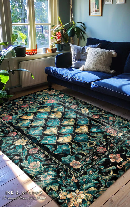 Gothic Teal Dragon Scale Area Rug | Ethereal Aesthetic Fairycore Elegance Home Accent Rug Mystic Storybook Dark Academia Bedroom Moody Decor