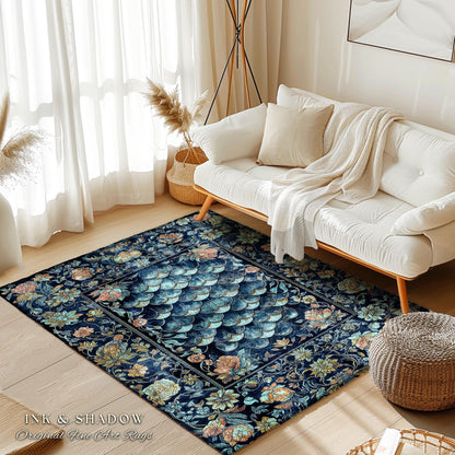 Dreamy Botanicals Dragon Scale Rug | Dark Academia Aesthetic Fairytale Home Decor Accent Rug Cottagecore Ocean Blue Decor Whimsical Gothic