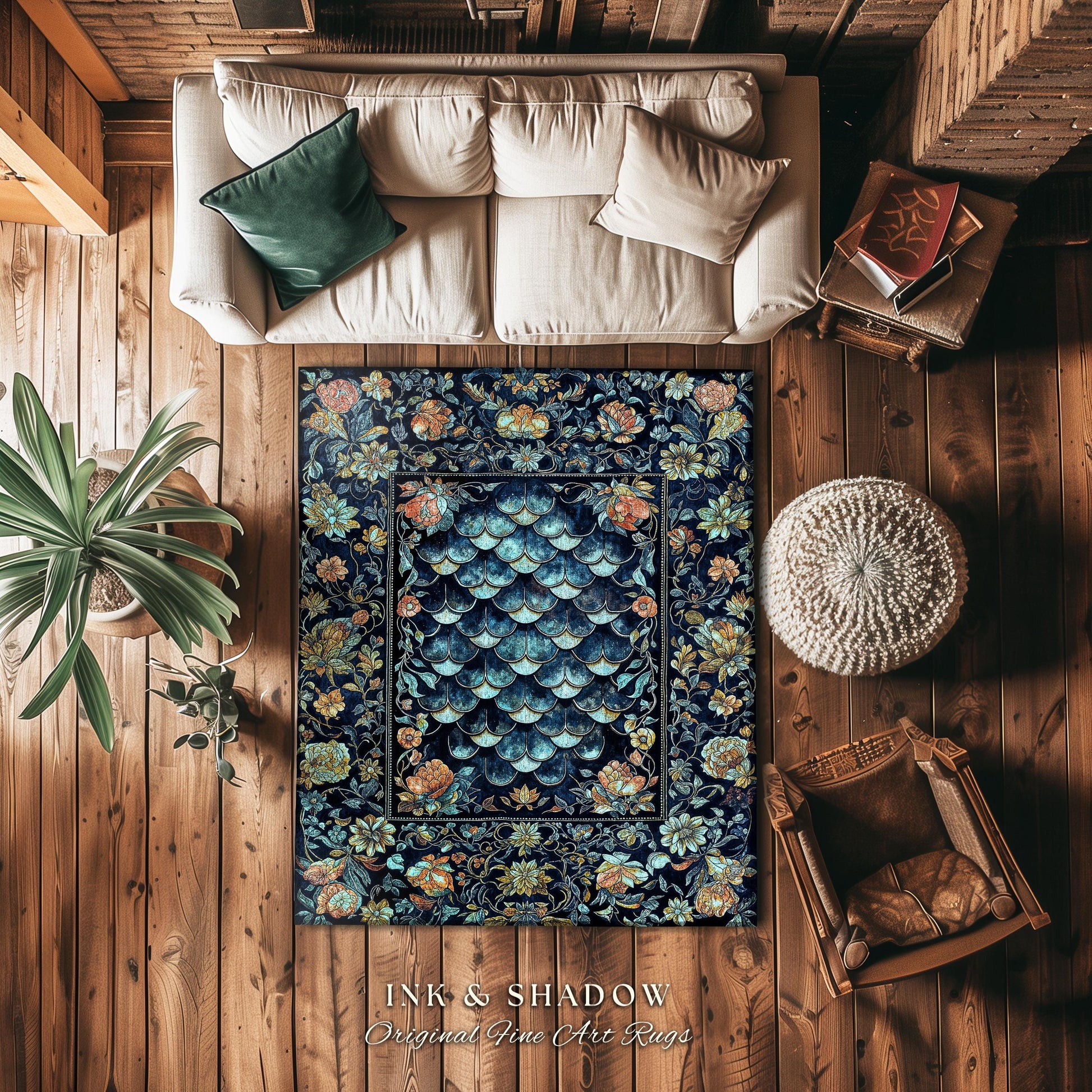 Dreamy Botanicals Dragon Scale Rug | Dark Academia Aesthetic Fairytale Home Decor Accent Rug Cottagecore Ocean Blue Decor Whimsical Gothic