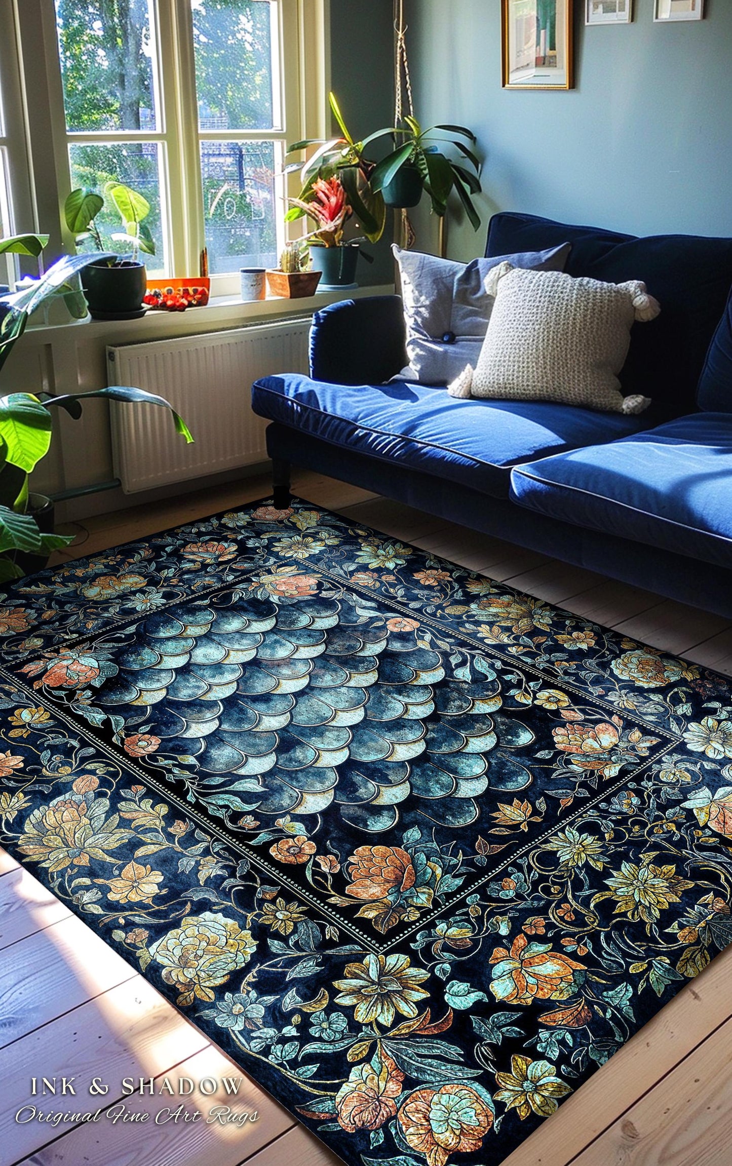 Dreamy Botanicals Dragon Scale Rug | Dark Academia Aesthetic Fairytale Home Decor Accent Rug Cottagecore Ocean Blue Decor Whimsical Gothic