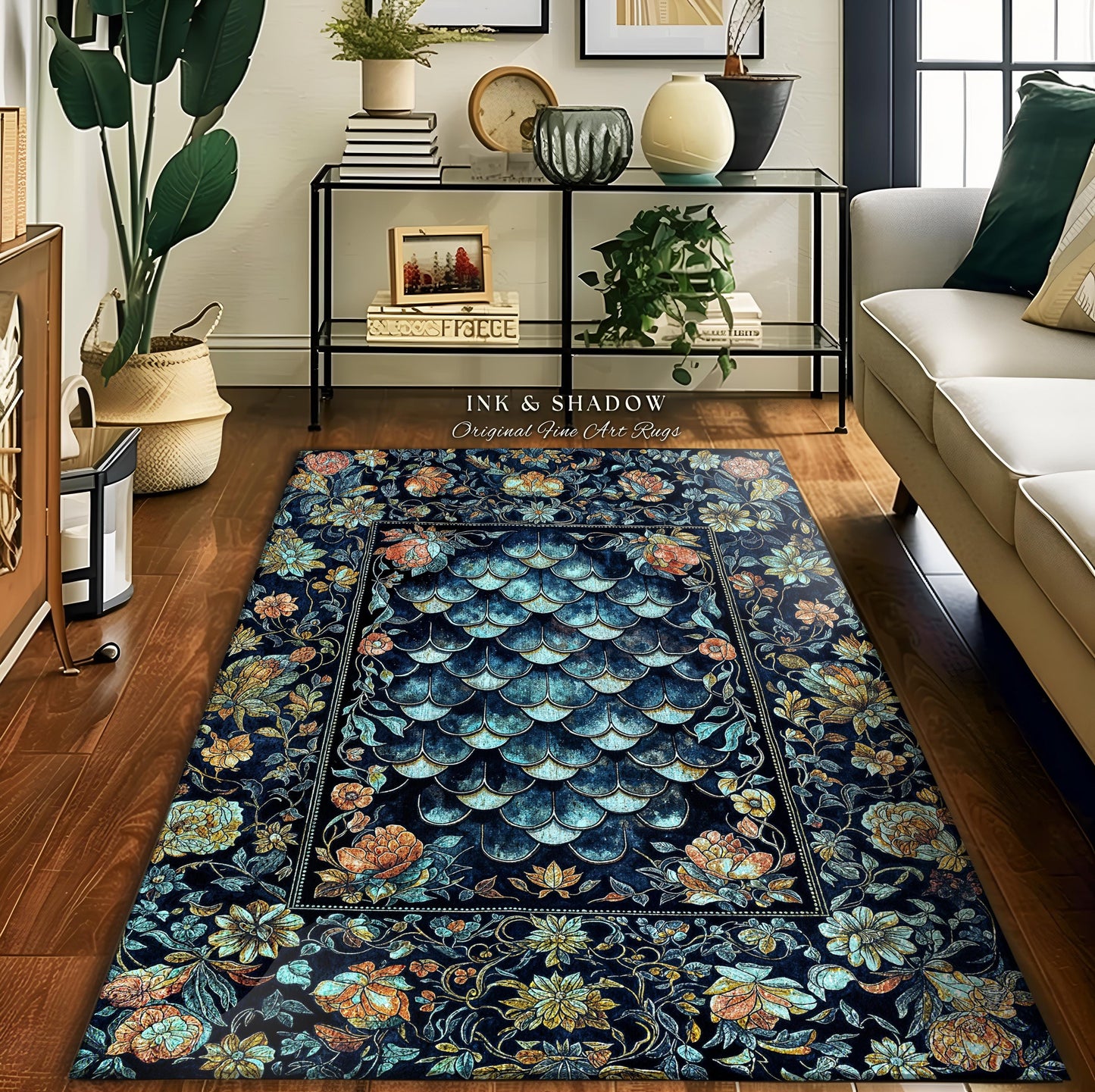 Dreamy Botanicals Dragon Scale Rug | Dark Academia Aesthetic Fairytale Home Decor Accent Rug Cottagecore Ocean Blue Decor Whimsical Gothic