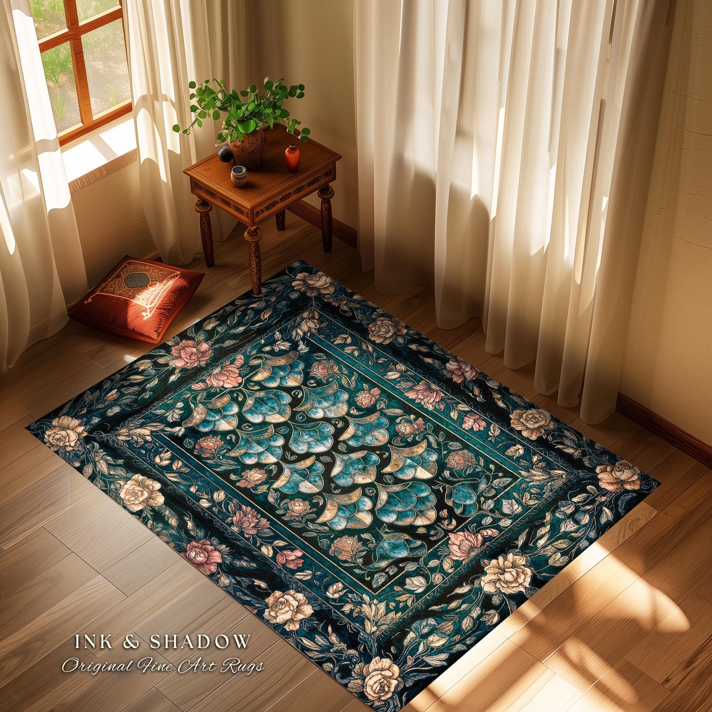 Mystical Dark Dragon Scale Accent Rug | Gothic Baroque Elegance Navy Blue Teal Whimsical Academia Art Fairytale Floral Floor Mat Home Decor