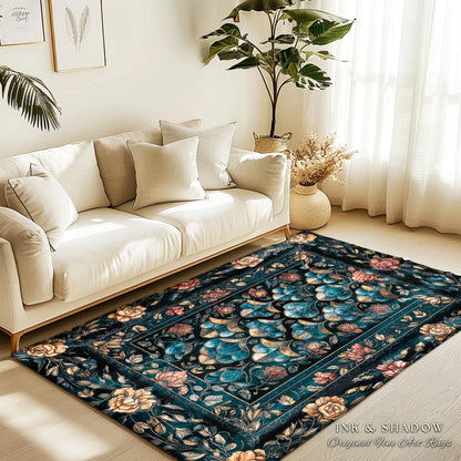 Mystical Dark Dragon Scale Accent Rug | Gothic Baroque Elegance Navy Blue Teal Whimsical Academia Art Fairytale Floral Floor Mat Home Decor