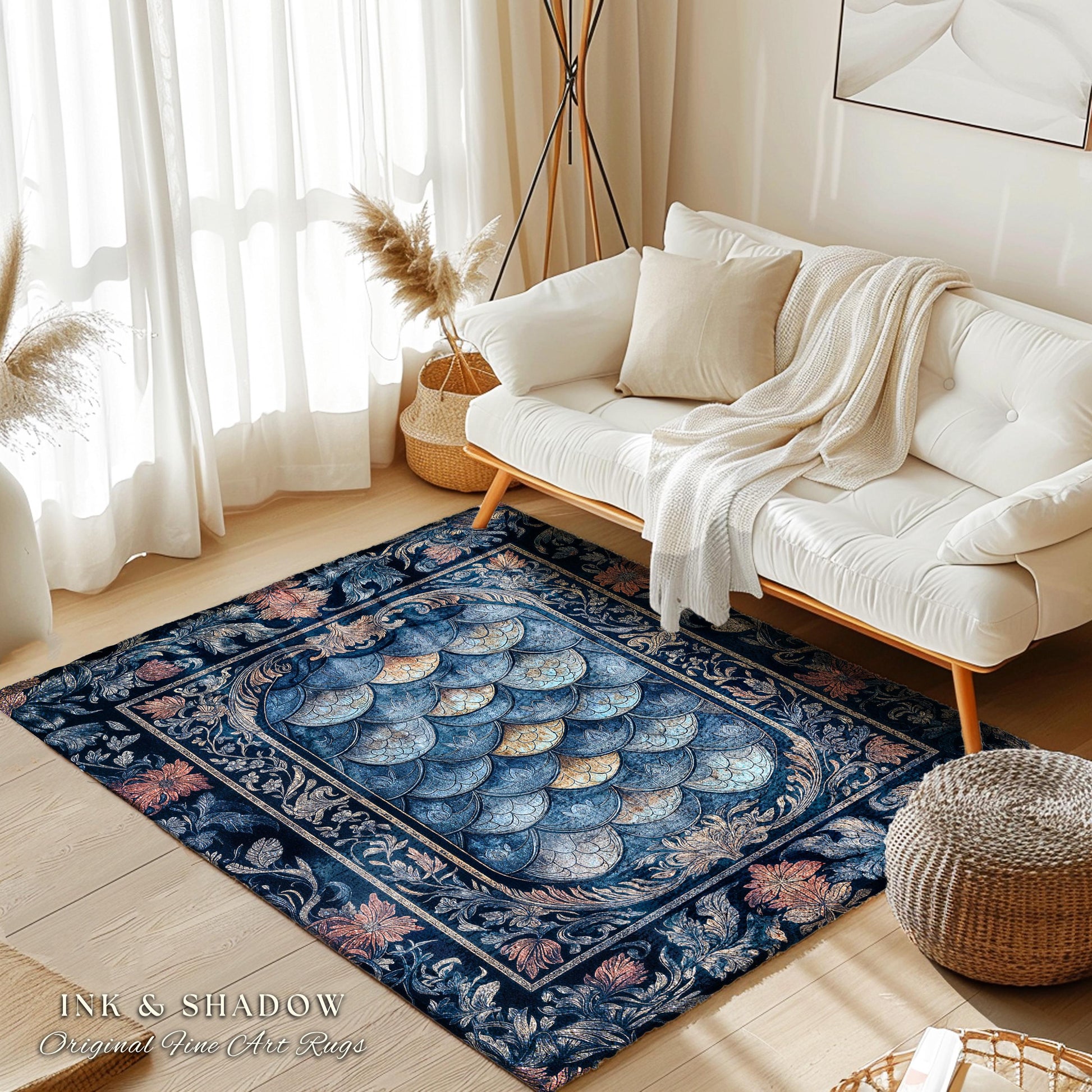 Rustic Medieval Dragon Accent Rug | Mystic Fairytale Aesthetic Royal Dark Academia Navy Blue Bedroom Moody Botanical Elegance Fairycore |