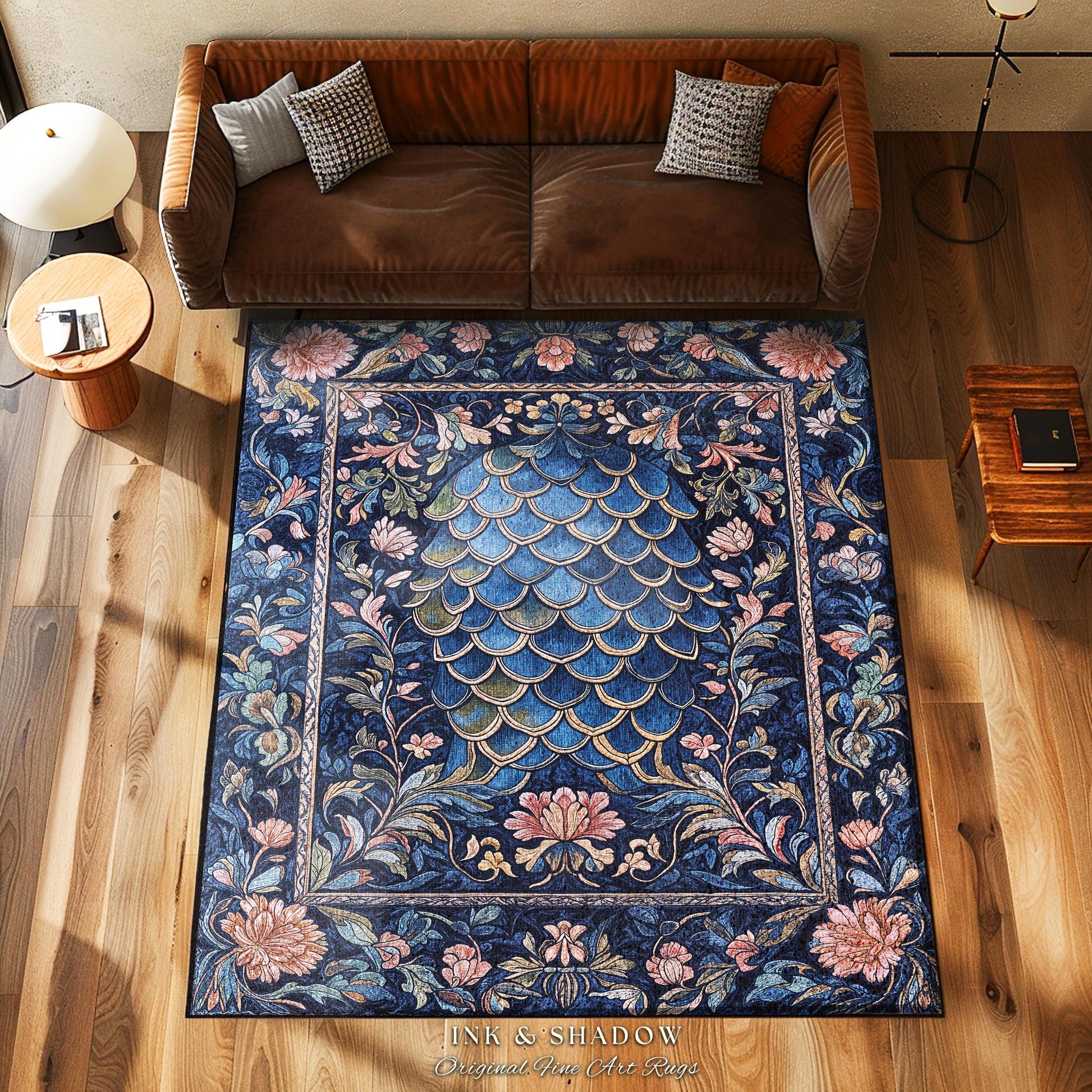 Mystic Academia Dragon Scale Area Rug | Whimsigothic Elegance Ornate Baroque Navy Blue Aesthetic Fairytale Floral Home Decor Accent Rug Goth