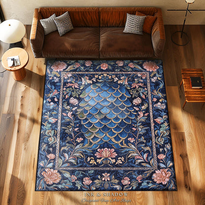 Mystic Academia Dragon Scale Area Rug | Whimsigothic Elegance Ornate Baroque Navy Blue Aesthetic Fairytale Floral Home Decor Accent Rug Goth