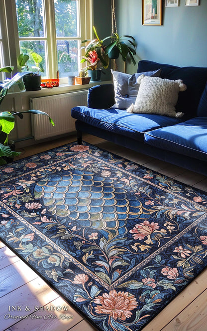 Mystic Academia Dragon Scale Area Rug | Whimsigothic Elegance Ornate Baroque Navy Blue Aesthetic Fairytale Floral Home Decor Accent Rug Goth