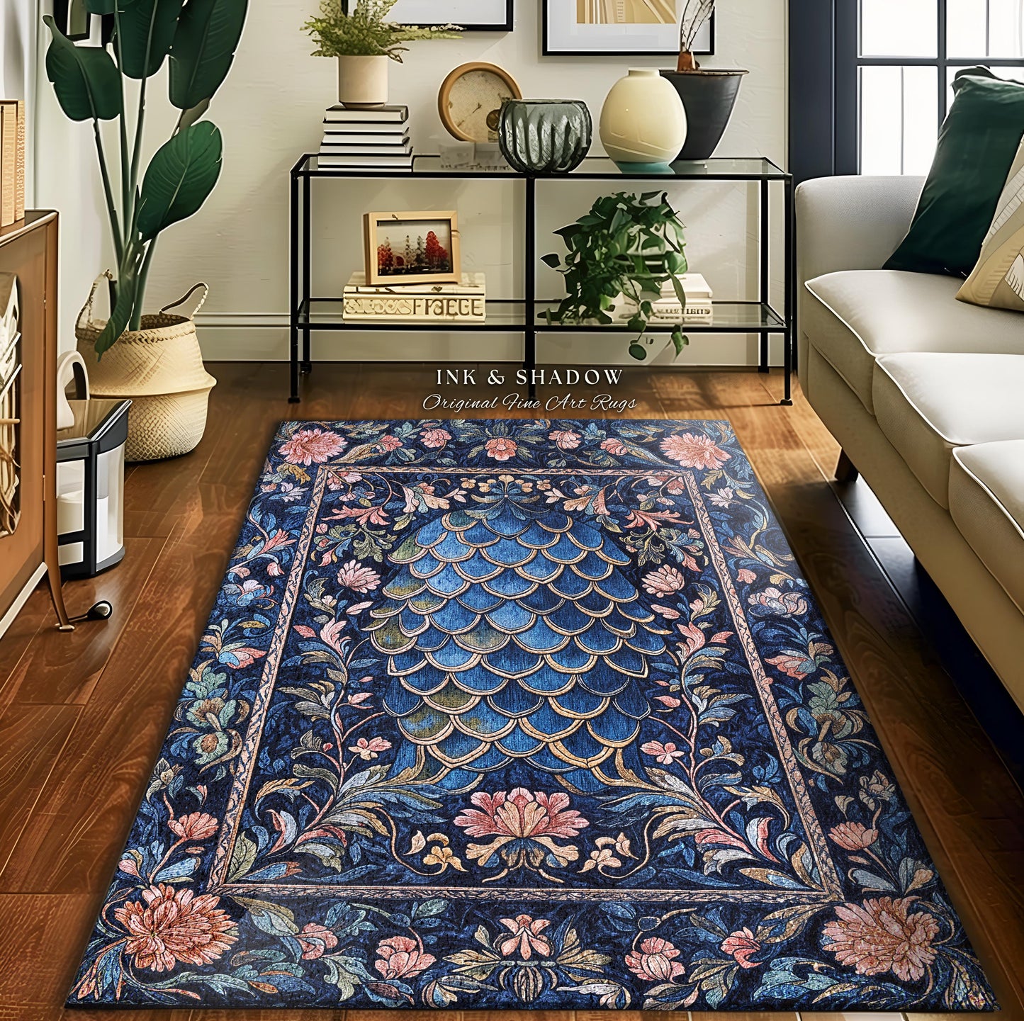 Mystic Academia Dragon Scale Area Rug | Whimsigothic Elegance Ornate Baroque Navy Blue Aesthetic Fairytale Floral Home Decor Accent Rug Goth