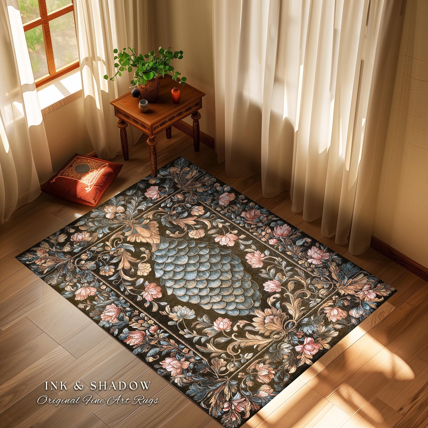 Book Nook Elegant Dragon Scale Rug | Whimsical Ornate Victorian Pastel Home Accent Rug Dark Academia Moody Botanical Coquette Aesthetic |