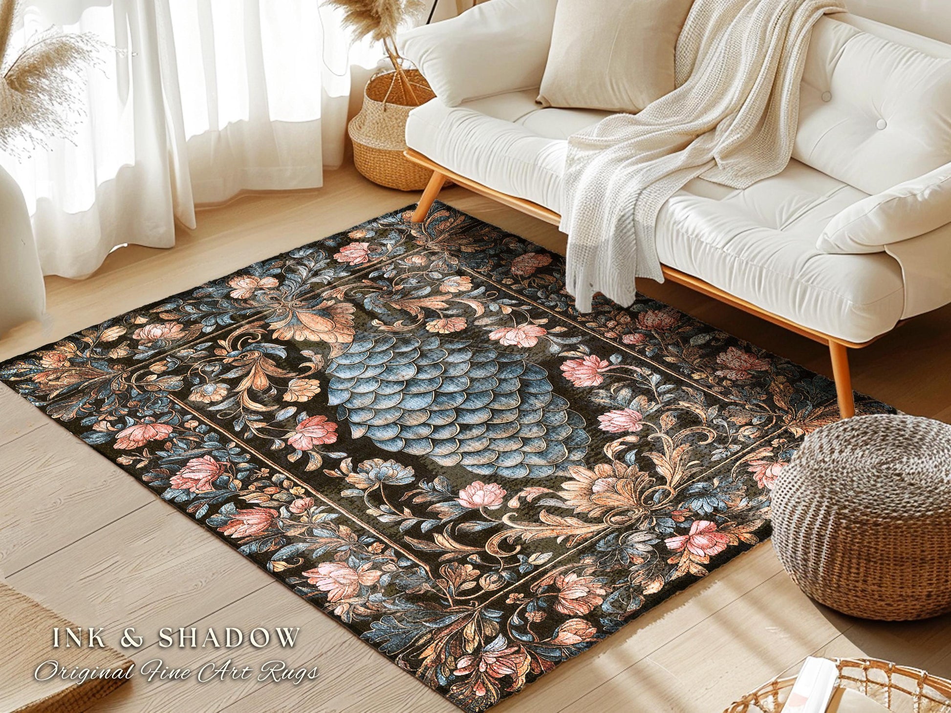 Book Nook Elegant Dragon Scale Rug | Whimsical Ornate Victorian Pastel Home Accent Rug Dark Academia Moody Botanical Coquette Aesthetic |