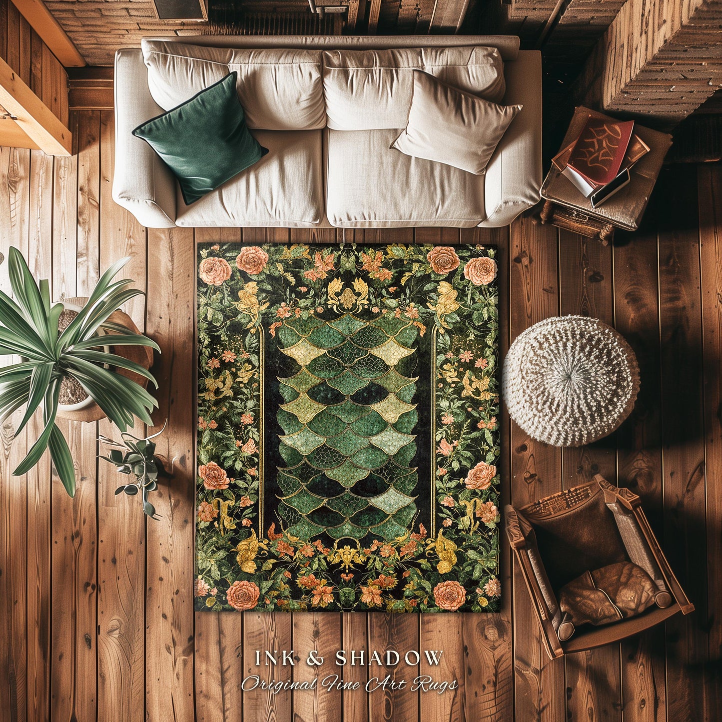 Dark Magic Dragon Scale Accent Rug | Fantasy Aesthetic Sage Green Decorative Cottagegoth Medieval Area Rug Book Nook Academia Gothic Artwork