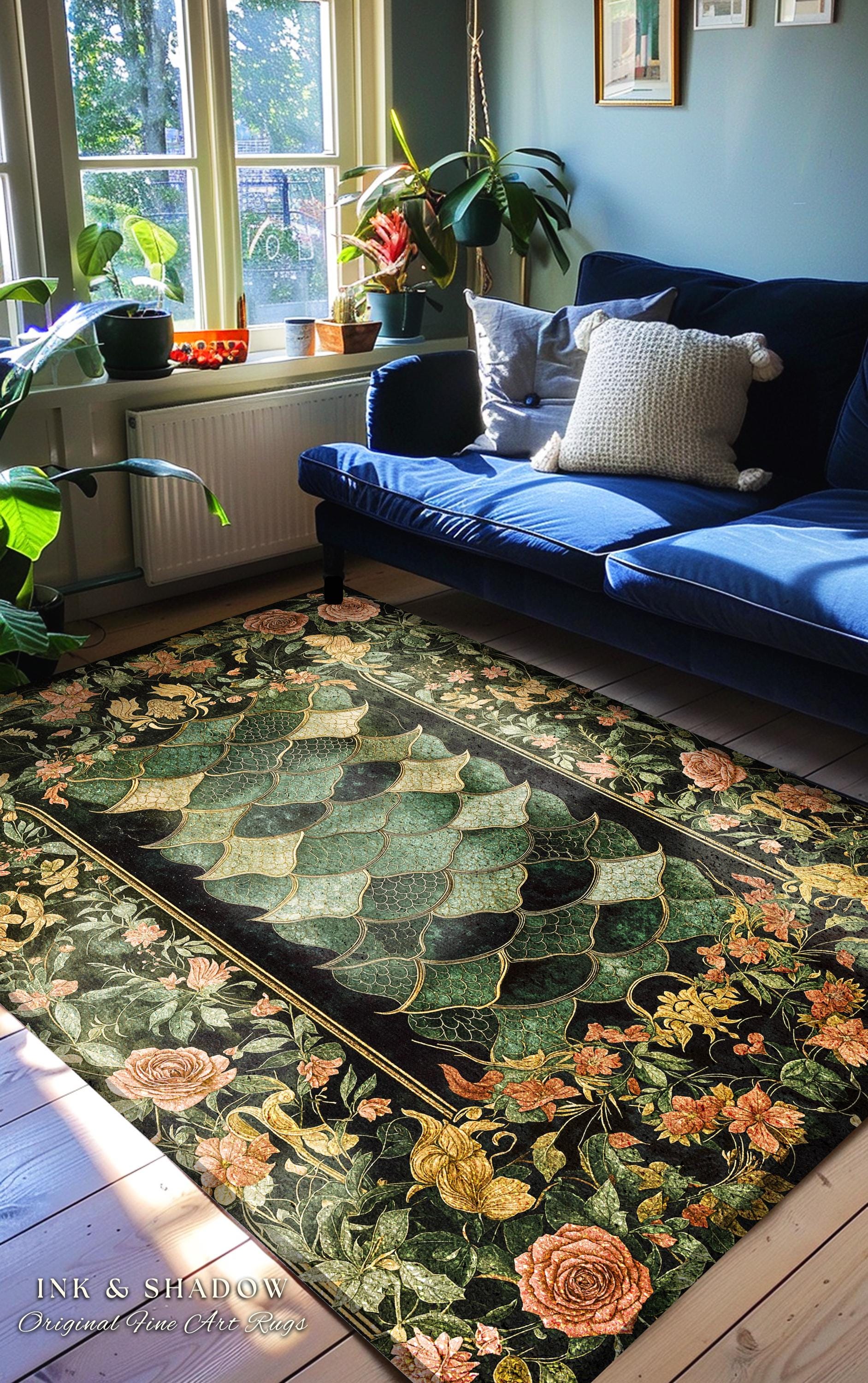 Dark Magic Dragon Scale Accent Rug | Fantasy Aesthetic Sage Green Decorative Cottagegoth Medieval Area Rug Book Nook Academia Gothic Artwork