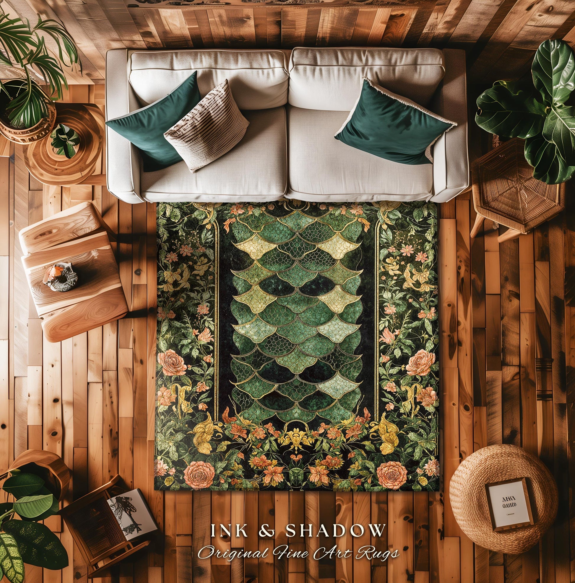 Dark Magic Dragon Scale Accent Rug | Fantasy Aesthetic Sage Green Decorative Cottagegoth Medieval Area Rug Book Nook Academia Gothic Artwork