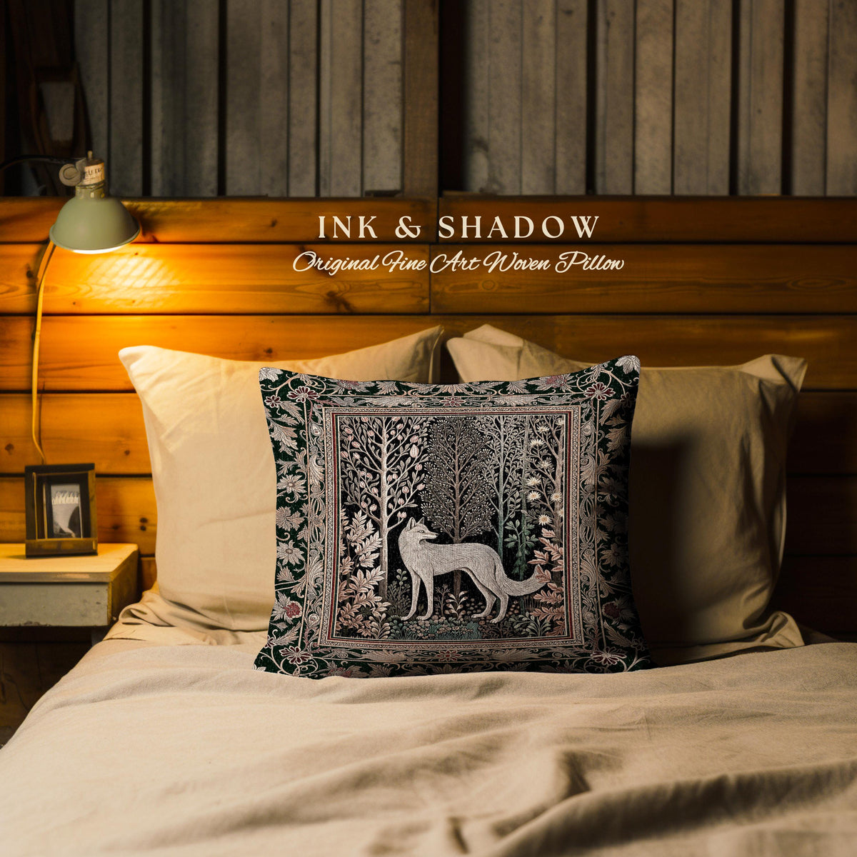 Cozy Hygge Woodland Wolf Woven Cushion | Elegant Cottagecore Forest Bohemian Pillow Homey Aesthetic Magical Nature Fairytale Inspired Bed