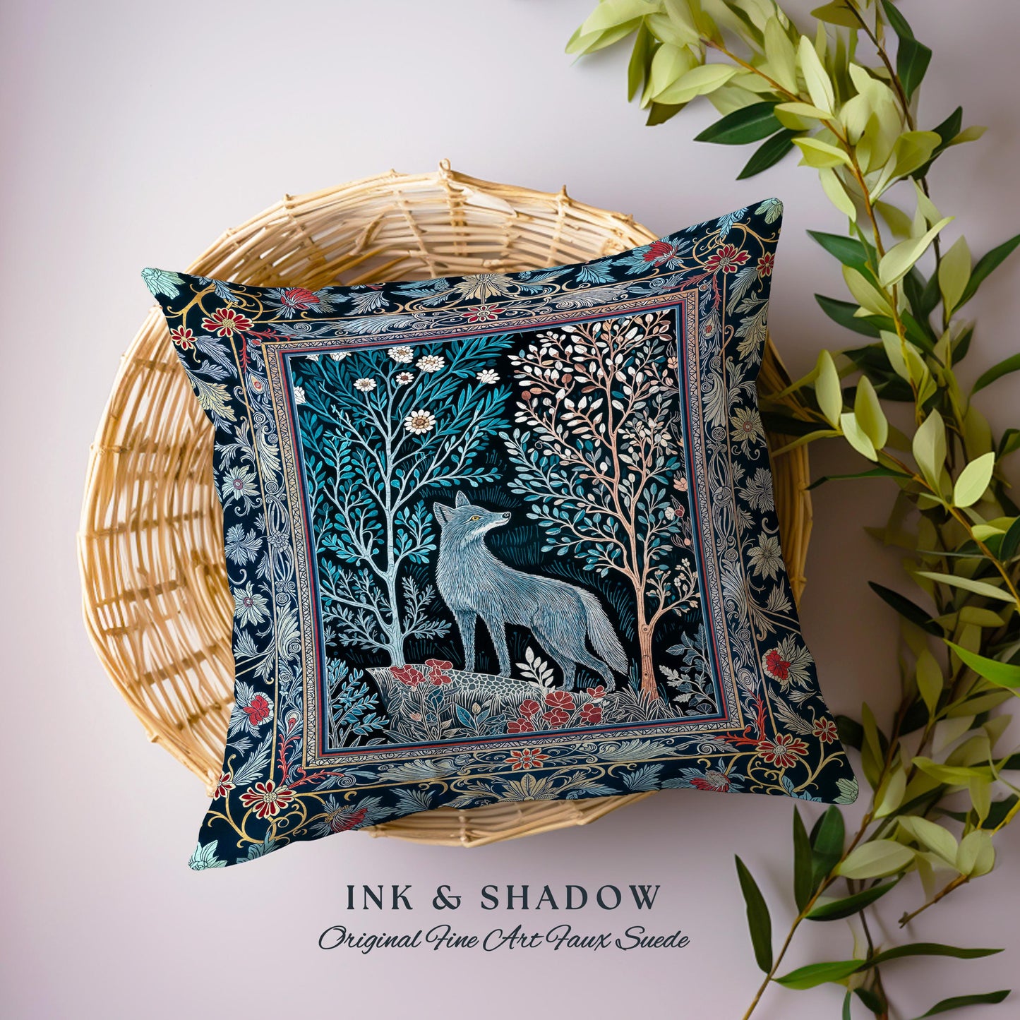 Rustic Storybook Cabin Pillow | Bohemian Hygge Aesthetic Scandinavian Woodland Cottagecore Wolf Home Decor Whimsical Nature Cushion Indie |