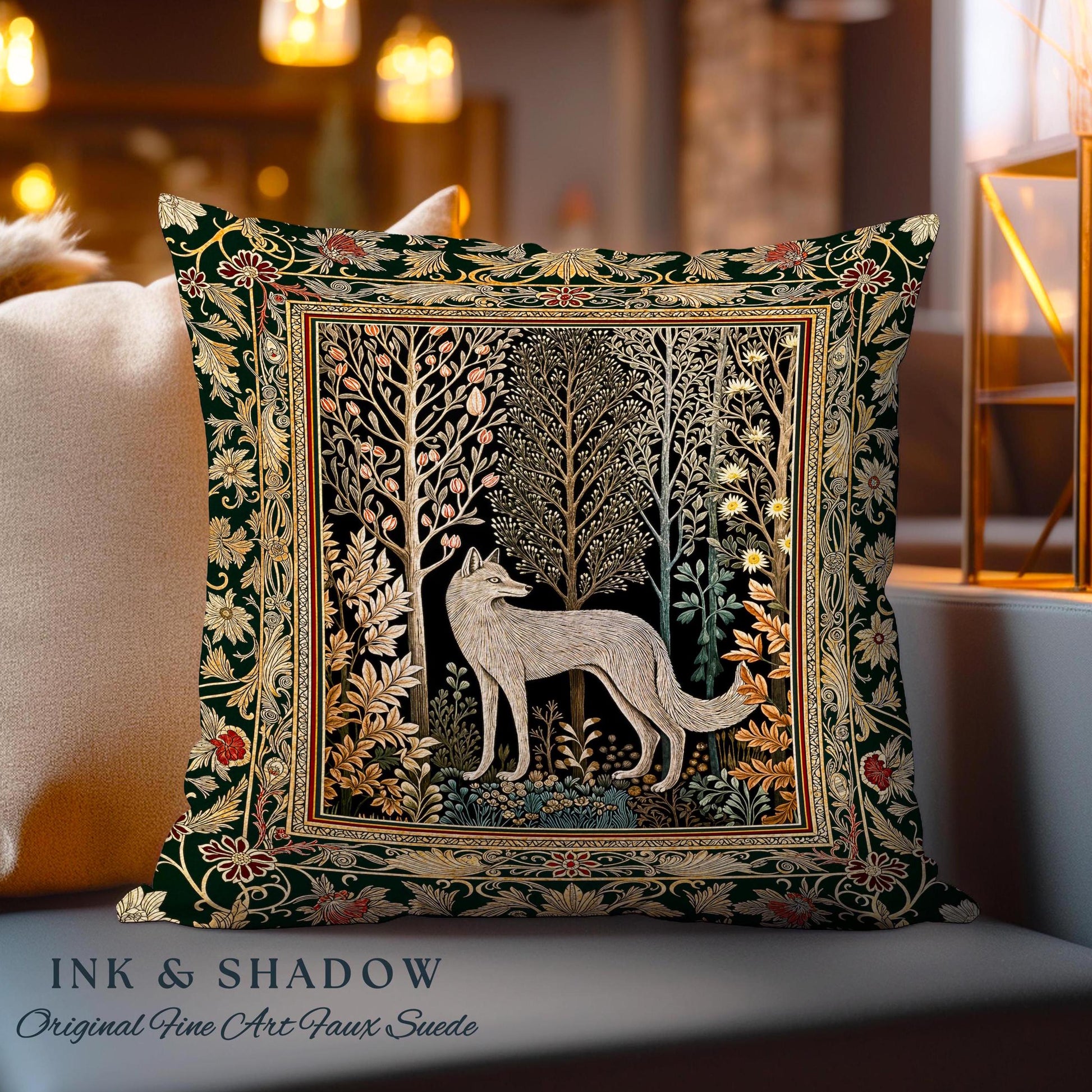 Cozy Hygge Woodland Wolf Woven Cushion | Elegant Cottagecore Forest Bohemian Pillow Homey Aesthetic Magical Nature Fairytale Inspired Bed |