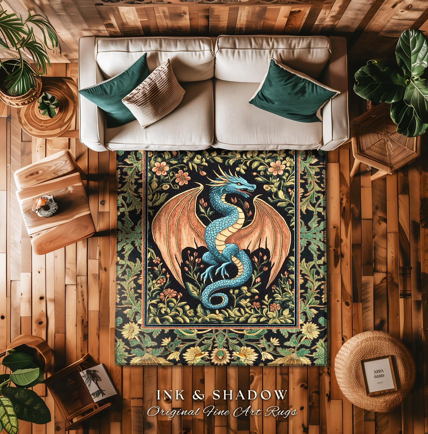 Rustic Dragon Medieval Area Rug | Ethereal Victorian Fantasy Dark Academia Maximalist Aesthetic Tapestry Moody Bedroom Witchy Gothic Accent