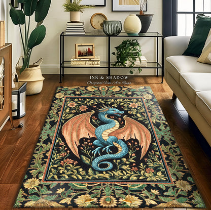 Rustic Dragon Medieval Area Rug | Ethereal Victorian Fantasy Dark Academia Maximalist Aesthetic Tapestry Moody Bedroom Witchy Gothic Accent