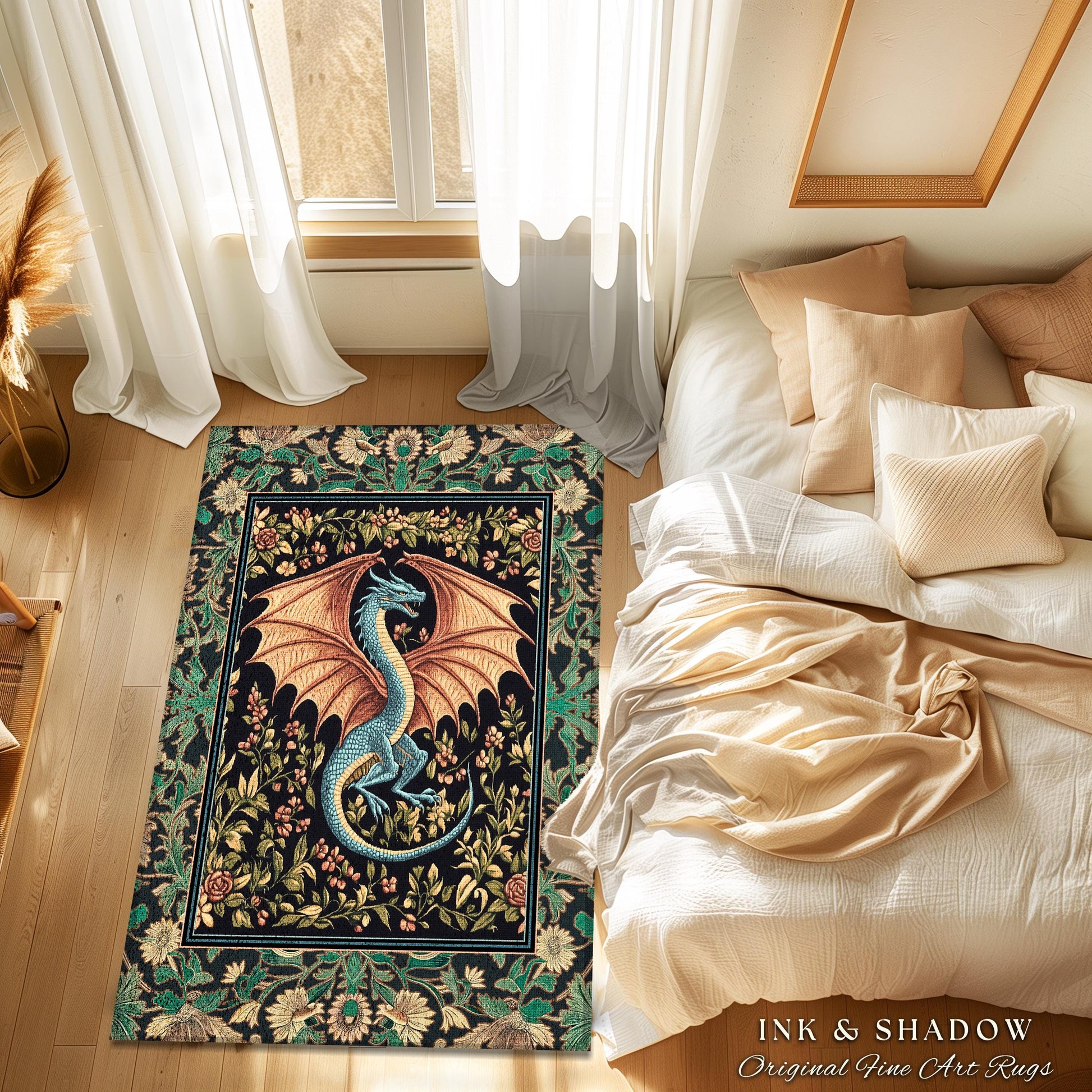 Fairycore Dragon Elegant Area Rug | Castlecore Fantasy Aesthetic Bedroom Middle Ages Medieval Storybook Home Decor Mythical Woodland Whimsy