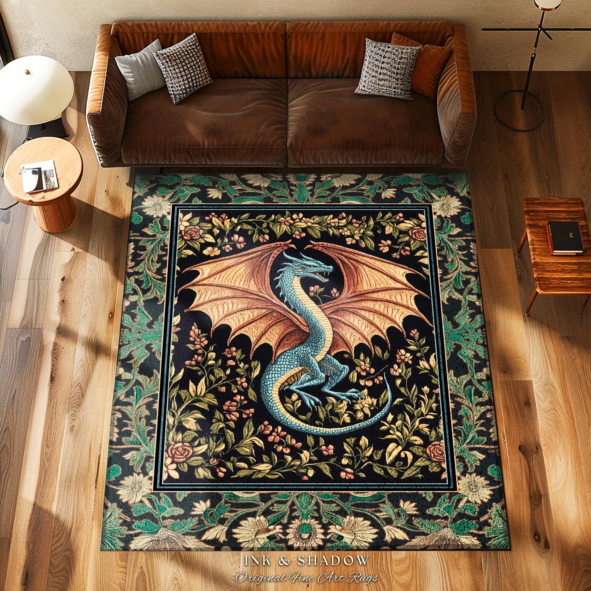 Fairycore Dragon Elegant Area Rug | Castlecore Fantasy Aesthetic Bedroom Middle Ages Medieval Storybook Home Decor Mythical Woodland Whimsy