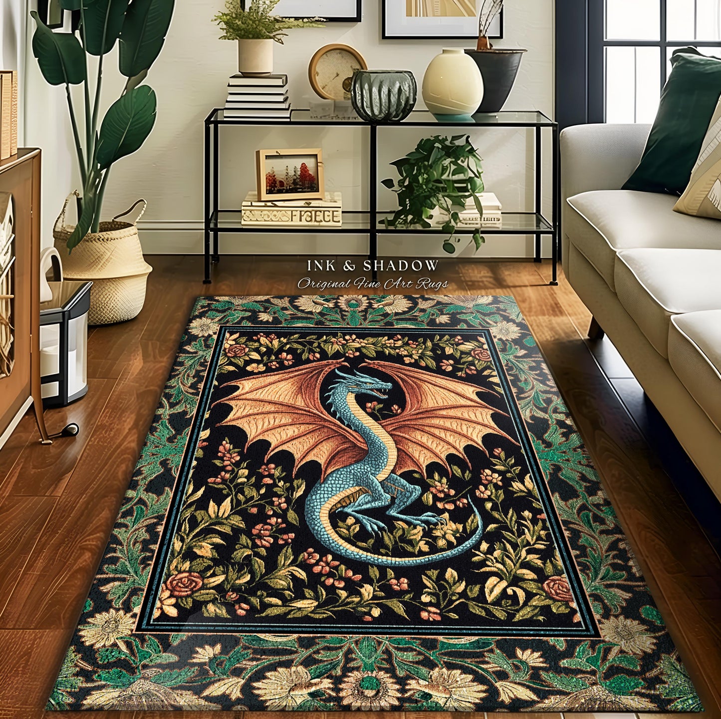 Fairycore Dragon Elegant Area Rug | Castlecore Fantasy Aesthetic Bedroom Middle Ages Medieval Storybook Home Decor Mythical Woodland Whimsy