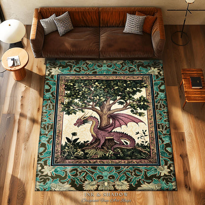 Rustic Bohemian Medieval Theme Rug | Tree of Life Bedroom Floor Accent Whimsical Medieval Dragon Rug Storybook Folklore Aesthetic Victorian