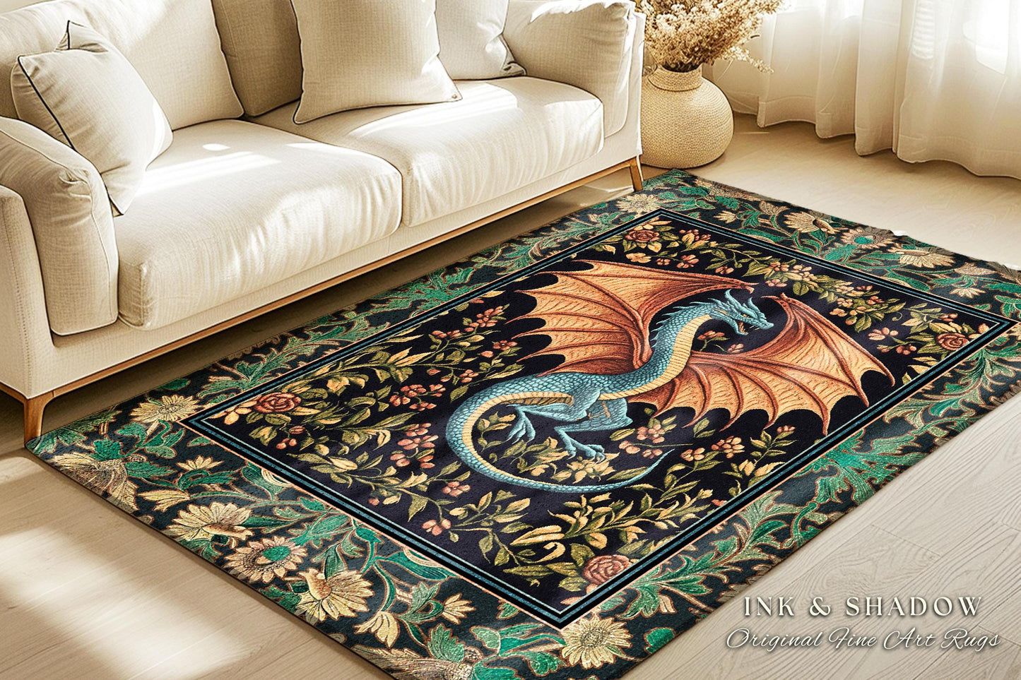 Fairycore Dragon Elegant Area Rug | Castlecore Fantasy Aesthetic Bedroom Middle Ages Medieval Storybook Home Decor Mythical Woodland Whimsy